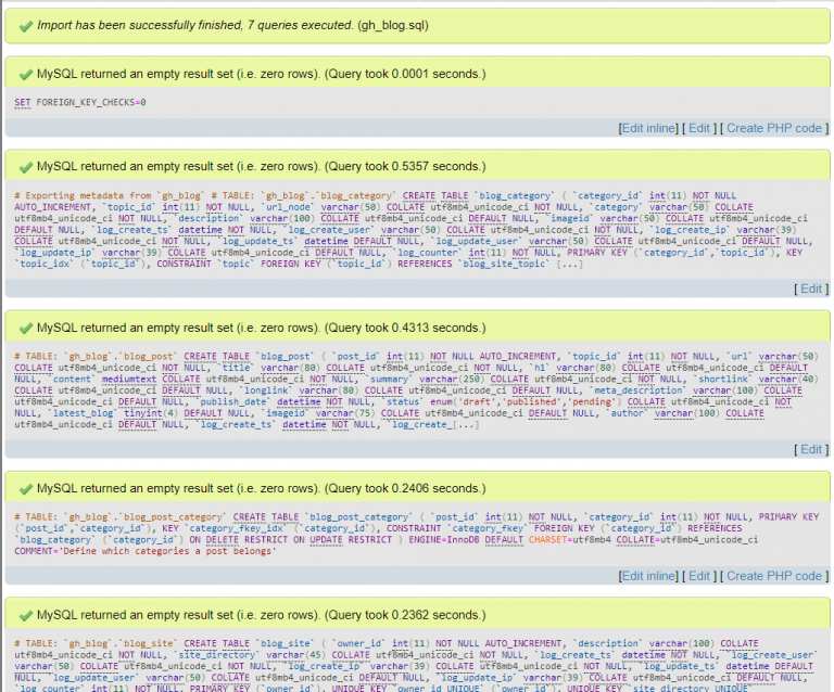 Messages showing that the database tables were loaded