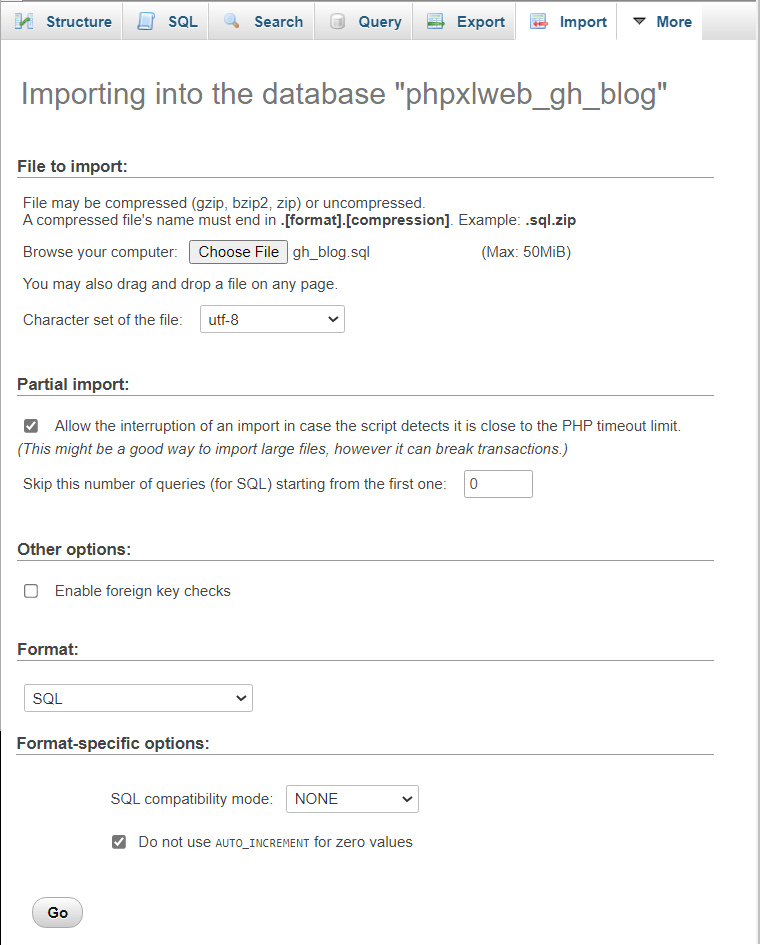 Import the SQL to phpMyAdmin