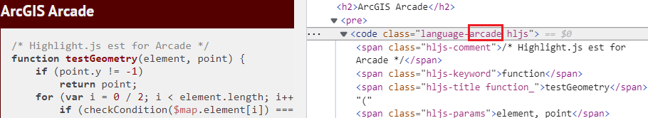 Inspected code block at highlightjs.org demo site