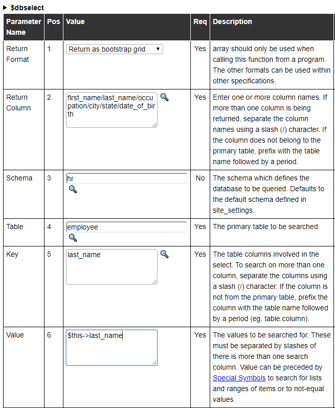 $dbselect parameters