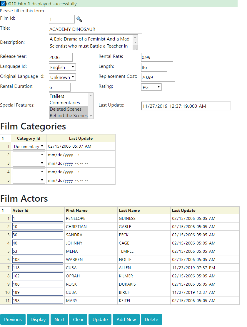 Film Maintenance Page