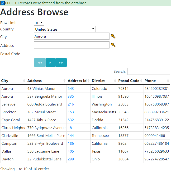 Address browse screen