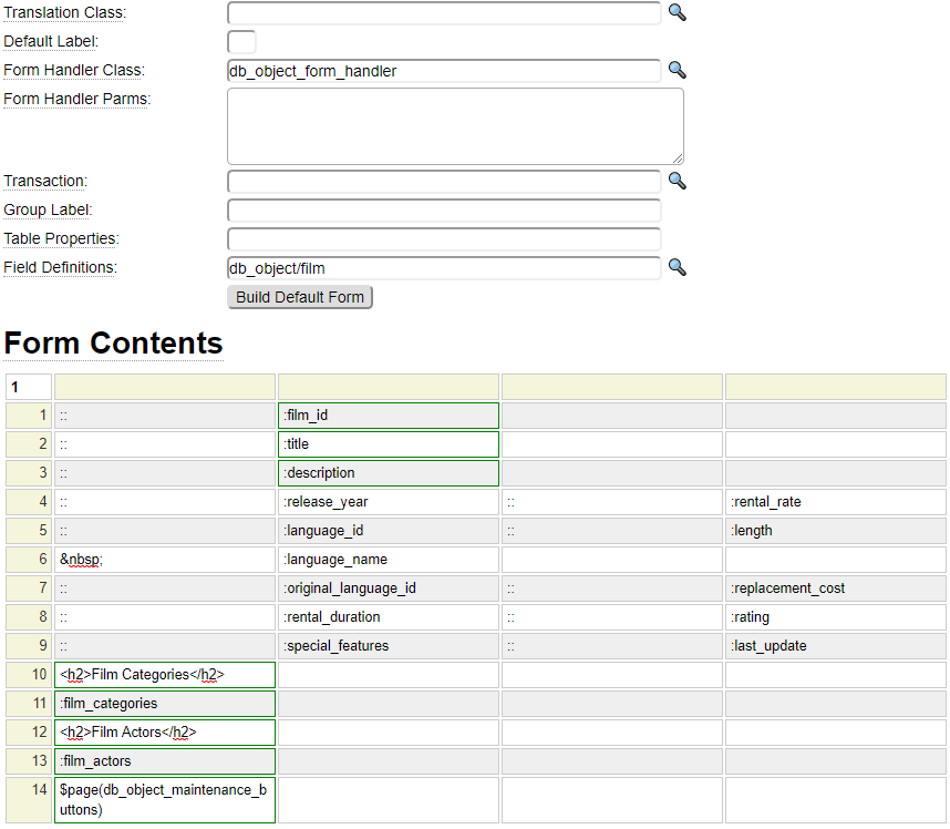 Sample DB Maintenance Form Definition