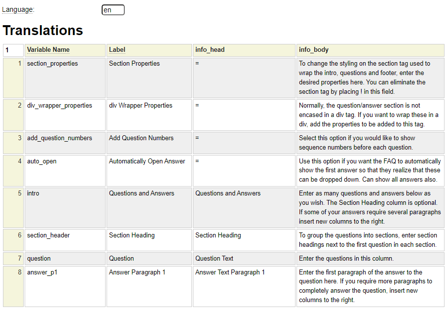 Translation Class to translate labels and help