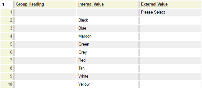 Sample Color Selector Values