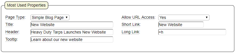 Most Used Properties are required for simple blog posts