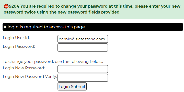Initial login requires the password to be changed.