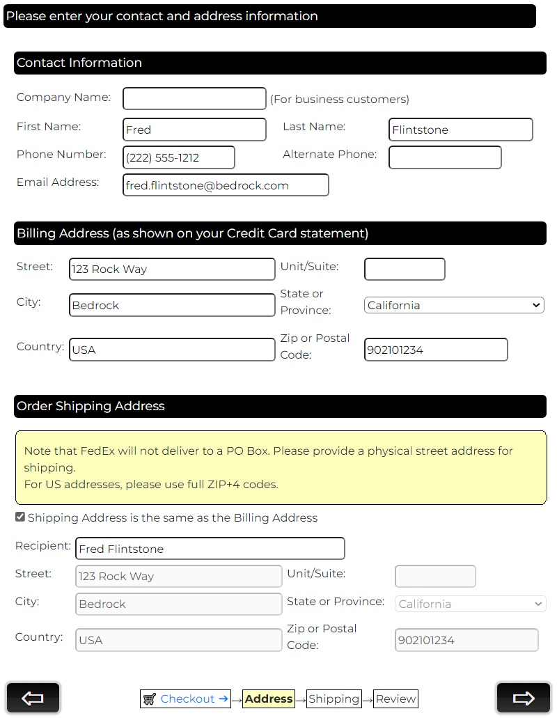 Sample customer form