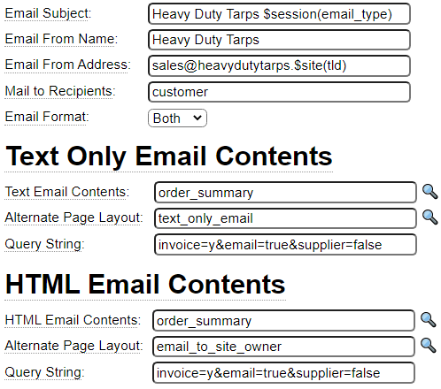 Mailform used to send the order summary to the customer