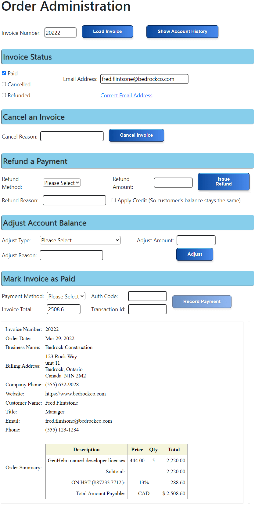 Sample Order Admin page
