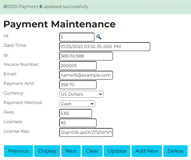 Generated form to maintain payments