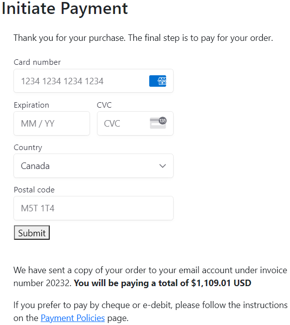 Rendered Stripe Payment Form