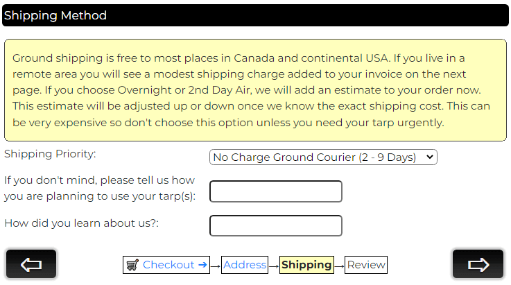 Form to collect shipping method