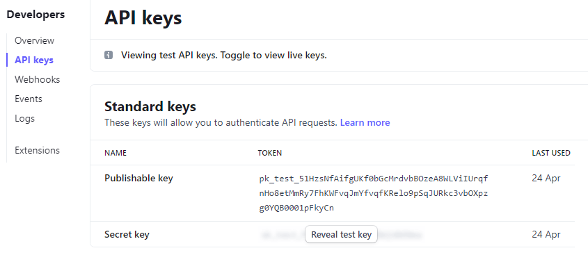 Stripe Publishable and Secret Key