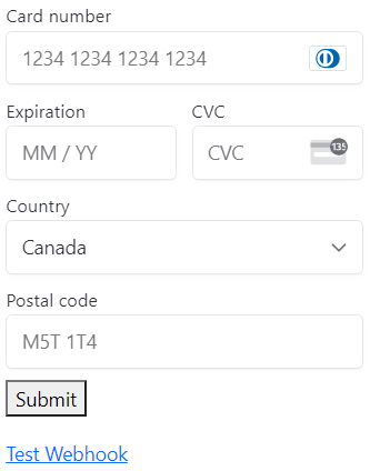 Stripe form with Test Webhook link